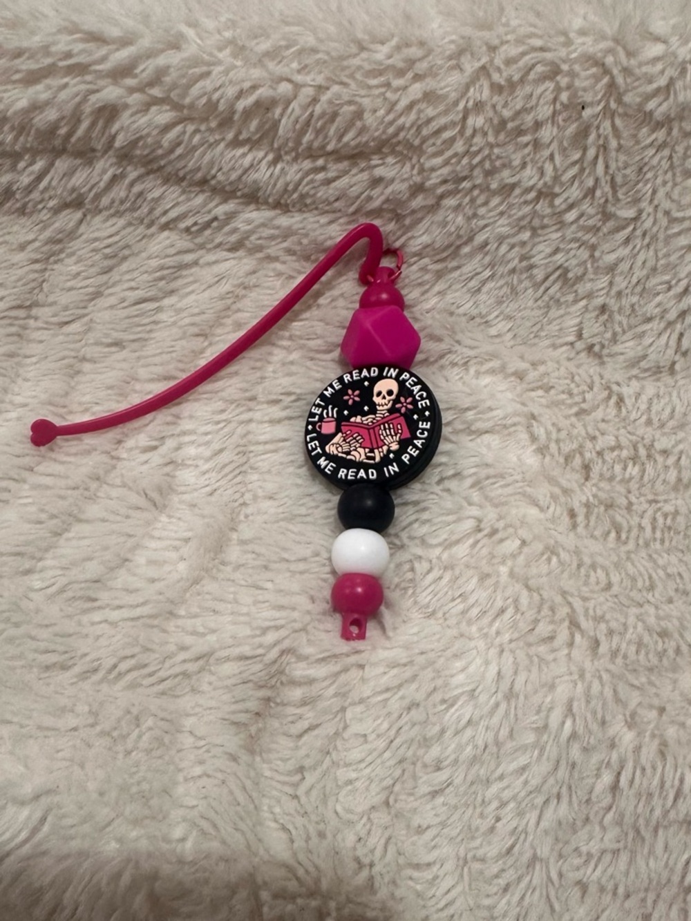 Pink Skull 'Let Me Read in Peace' Beaded Book Charm